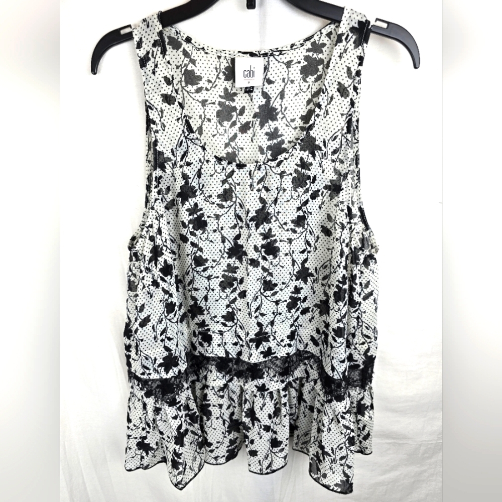 CAbi White and Black Floral Sleeveless Blouse Sz S